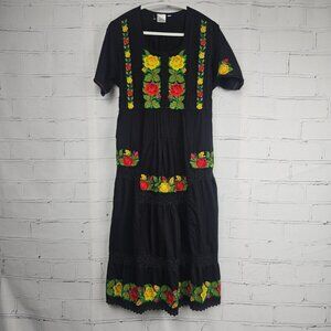 Durga Mexican Embroidered Floral Dress Black Womens L Cotton Floral Lace Trim